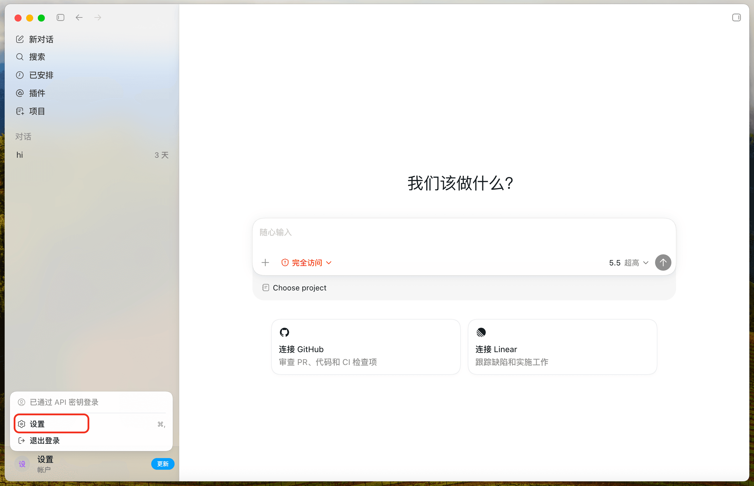 Codex 设置入口